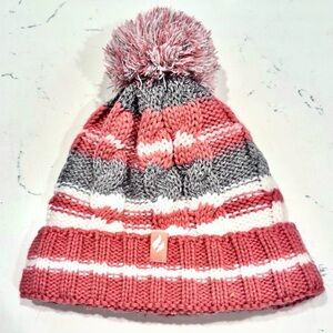 Heat Holders Pink and Grey Cable Knit Striped Beanie with Pom Pom NWOT